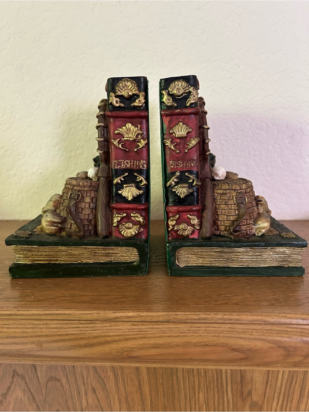 Vintage-Style Red and Green Decorative Fishing Bookend Set Heavy with felt back
